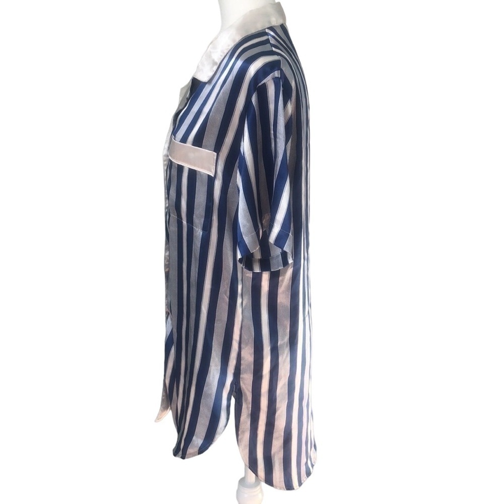 Vintage Lingerie Cacique Blue and White Striped Satin Night Shirt Size Small - Picture 3 of 10
